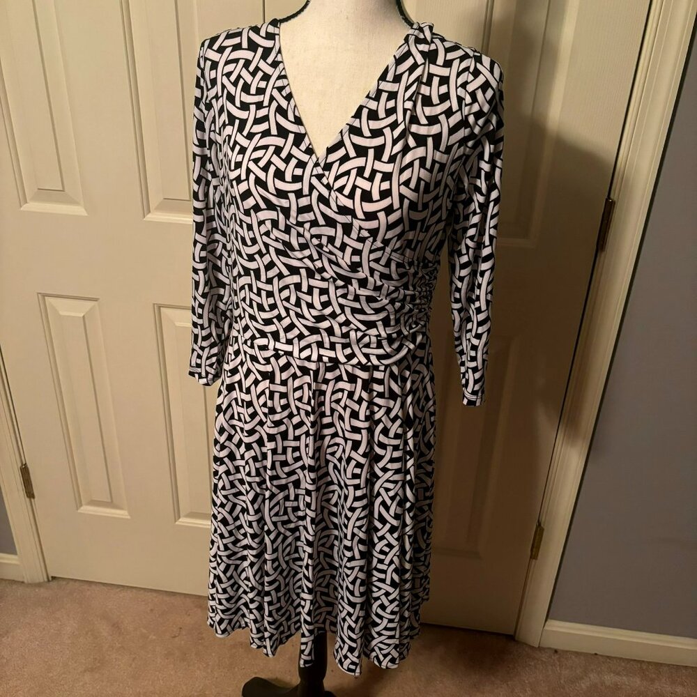 Roz & Ali Faux Wrap Front & Back Dress, Long Sleeves, Size 12, Black and White